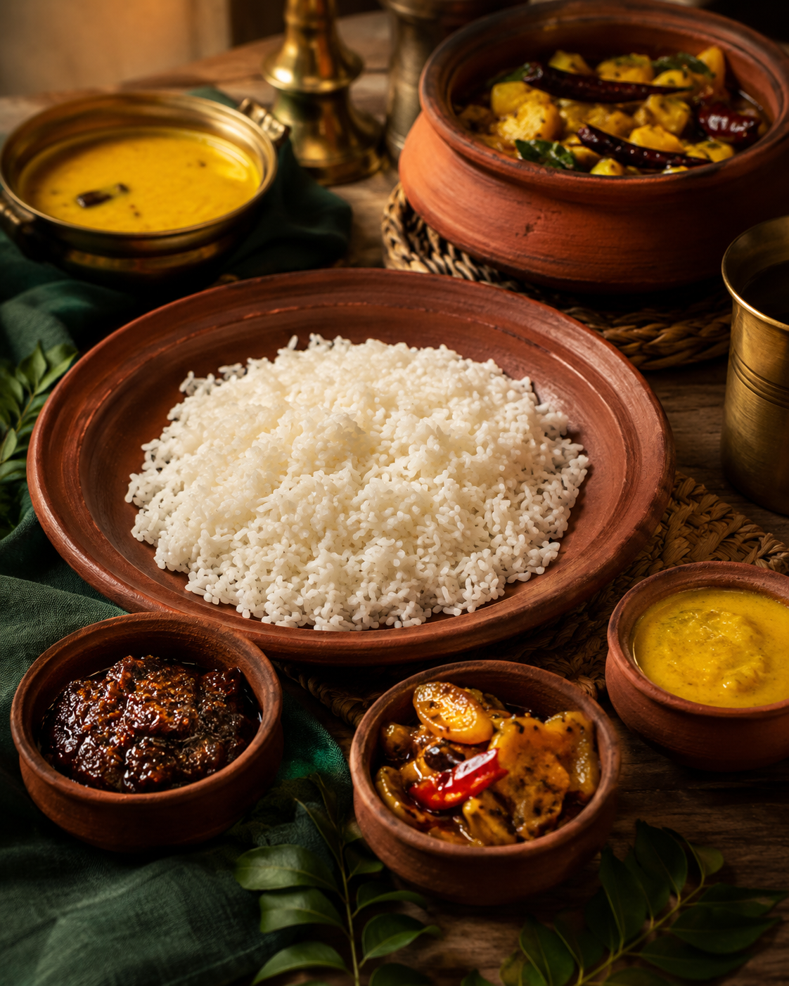 Traditional Sri Lankan meal with pickles and pastes